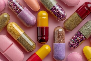 Assortment of Pastel Colored Pills and Capsules on Pink Background