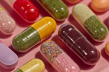Assortment of Pastel Colored Pills and Capsules on Pink Background