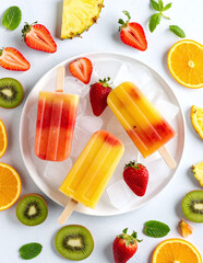 Top view of strawberry and pineapple popsicles served on plate with fresh fruit slices ideal for sweet and cold summer snack