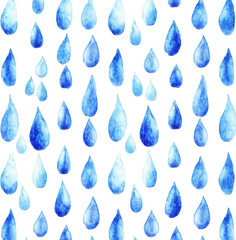 Watercolor blue raindrops pattern on a white background, seamless, png, transparent
