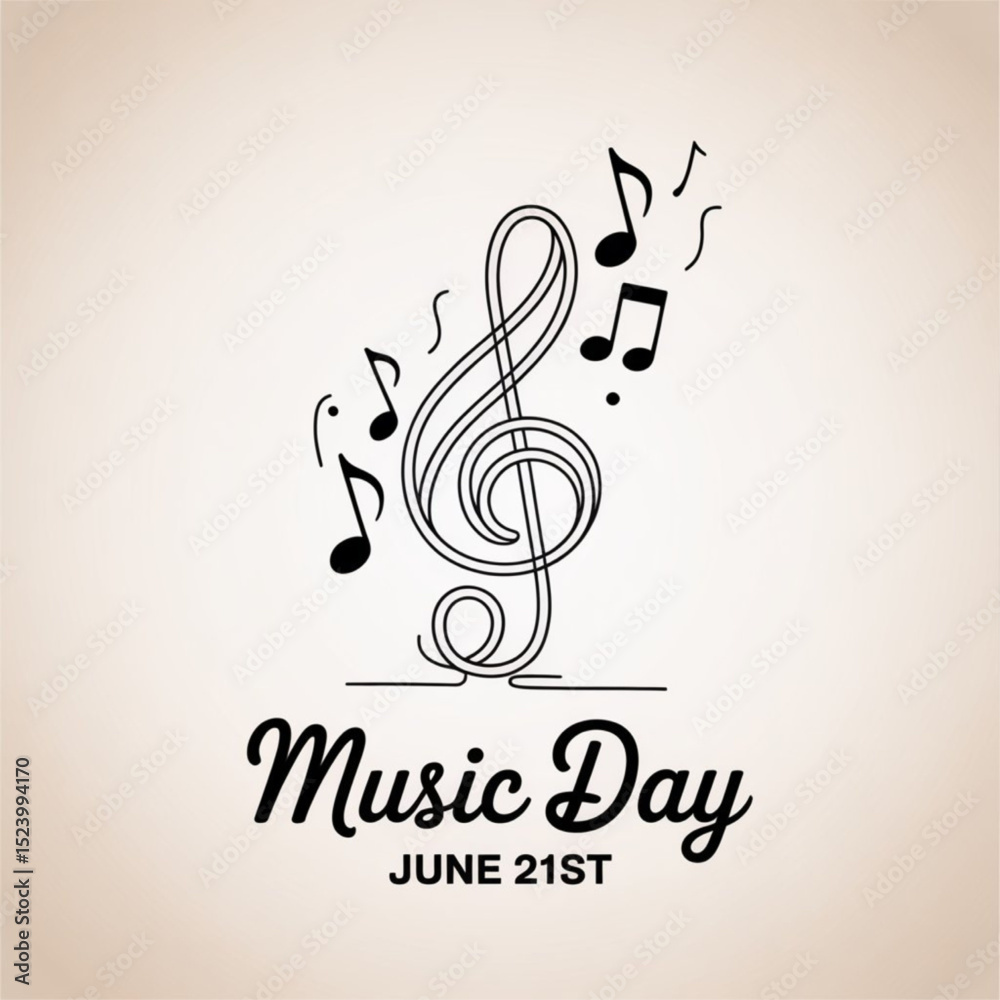 Fototapete world music day in june 21 simple vector with treble clef sign and musical notes. one continuous lin