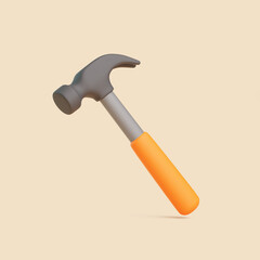 3D Cartoon Hammer with Orange Handle on Beige Background