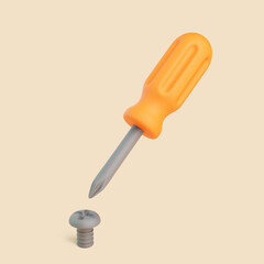 3D screwdriver above screw on beige background, minimal repair tool concept