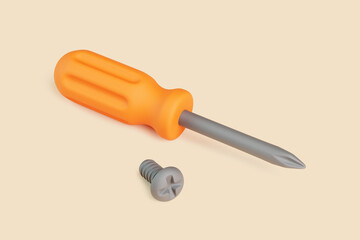 3D screwdriver and screw on beige background, minimal tool concept