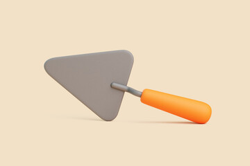 3D triangular trowel with orange handle lying on beige background