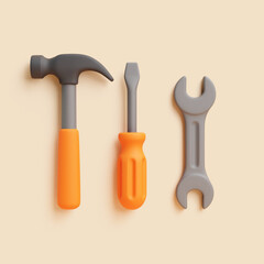 Hammer, screwdriver and wrench set on beige background, 3D minimal render
