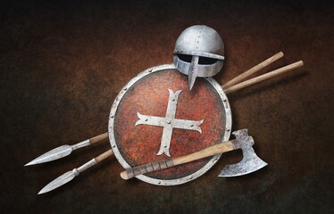 viking's helmet axe red shield and two spears on grunge background