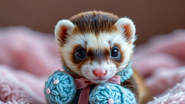 A small furry ferret playing in a colorful field of wildflowers under bright sunshine sky