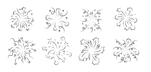 Firework to celebrate New Year line icon. Firecracker and star explosion for happy anniversary party. Birthday confetti congratulation element with boom effect. Doodle carnival burst decoration set.
