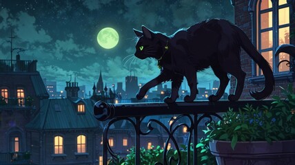 black cat on railing at night in moonlight