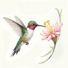 Fototapeta premium Hummingbird Hovering Near Pink Flower Watercolor Style Illustration