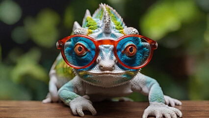 chameleon in turquoise glasses
