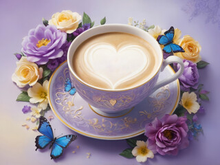 coffee with milk heart shape purple cup flowers very beautiful