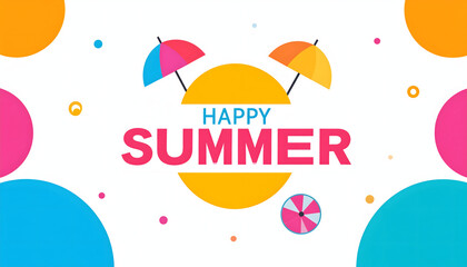 Happy summer colorful banner celebrating summertime with beach umbrellas and sun