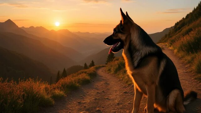 German shepherd sitting on a mountain path at sunset with a beautiful scenic view behind it 4k uhd video