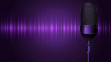 Studio microphone with glowing purple vertical audio equalizer sound wave background