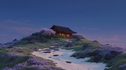 Serene Twilight Mountain Resort  Asian House  Cherry Blossoms  Scenic View