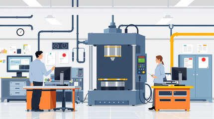 Illustration of industrial factory setting with workers and large machine equipment present inside created with generated ai