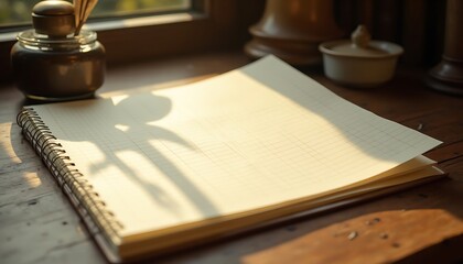 Notepad and Inkwell on Wooden Table with Warm Light