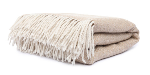 Folded beige woolen blanket isolated on white
