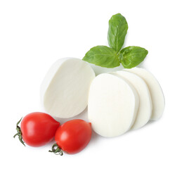 Tasty mozzarella, tomatoes and basil on white background, top view