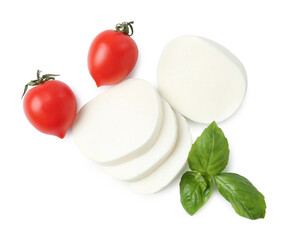 Tasty mozzarella, tomatoes and basil on white background, top view