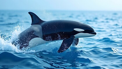 Obraz premium Orca Breaching Ocean Water, Showing Dorsal Fin and White Patch