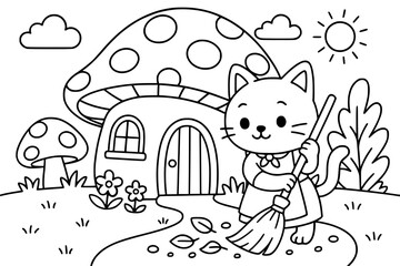 Cat sweeping the yard illustration for coloring book