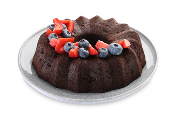 Tasty chocolate bundt cake with berries isolated on white