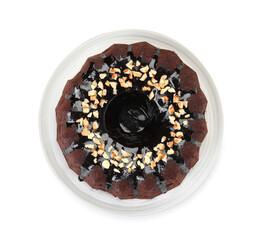 Delicious chocolate bundt cake with nuts isolated on white, top view
