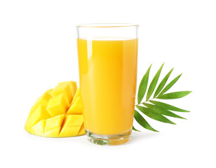 Tasty mango juice in glass and fresh fruit isolated on white