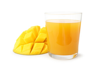 Tasty mango juice in glass and fresh fruit isolated on white