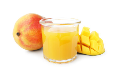 Tasty mango juice in glass and fresh fruits isolated on white