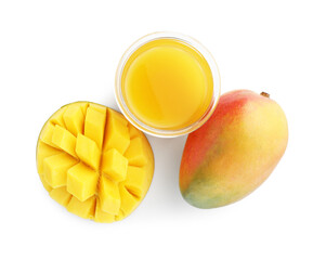 Tasty mango juice in glass and fresh fruits isolated on white