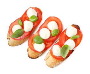 Tasty sandwiches with mozzarella cheese, tomatoes and basil on white background, top view