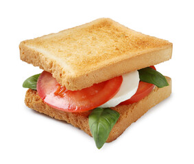 Tasty sandwich with mozzarella cheese, tomato and basil on white background