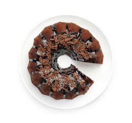 Delicious chocolate bundt cake isolated on white, top view