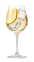 wine spritzer served in a clear wine glass, filled with chilled white wine and sparkling soda water, ice cubes, and a slice of lemon or orange floating inside.