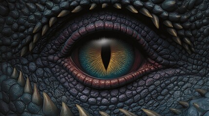 Fototapeta premium A close-up of a dragon’s eye reveals lifelike reptilian scales reflecting a fiery glow. 