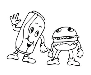Hand drawn burger and drink doodle icon set 