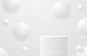 Realistic white 3d cylinder podium pedestal with sphere balls floating. Minimal wall scene for cosmetic display presentation. 3d stage for showcase. Vector geometric platform. 3d vector rendering.