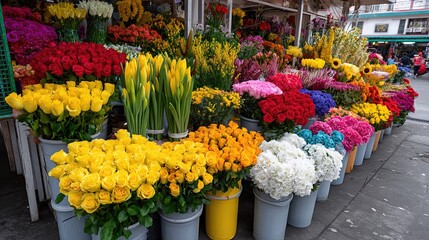 Bright bouquets of roses, tulips, sunflowers, and hydrangeas line the market stalls, bursting with vivid color.
