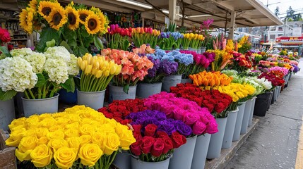 Bright bouquets of roses, tulips, sunflowers, and hydrangeas line the market stalls, bursting with vivid color.
