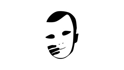 Hand holding theatrical mask on face, black isolated silhouette