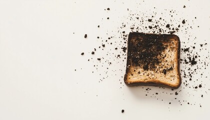 Burnt toast loaf bread over baked with crump copy space background