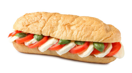 Tasty sandwich with mozzarella cheese, tomatoes and basil isolated on white