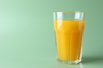 Tasty mango juice in glass on green background, space for text