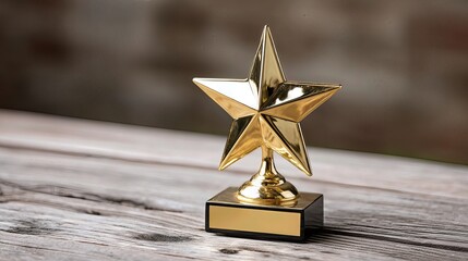 A gleaming gold star trophy stands proudly on a wooden table, symbolizing excellence and achievement.
