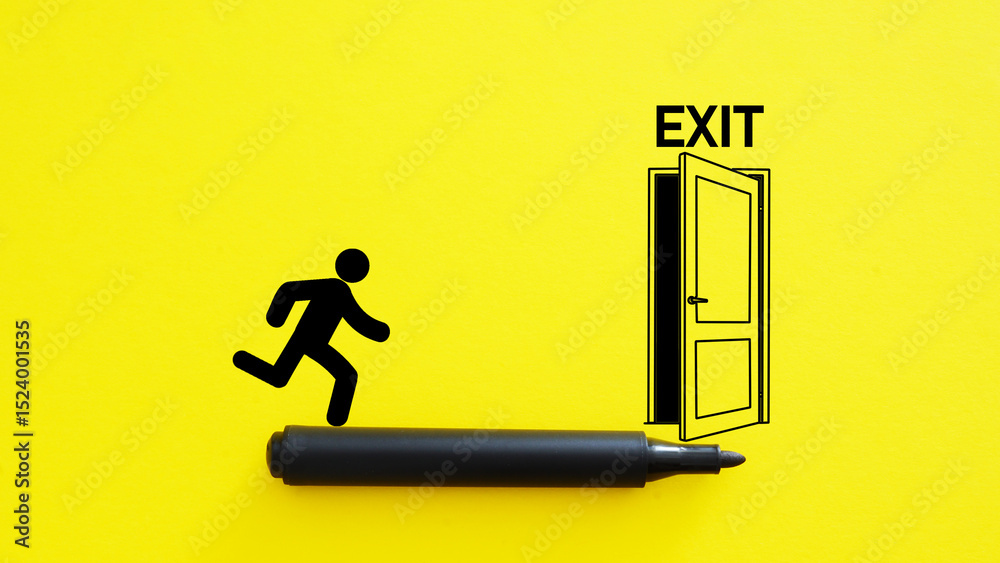 Poster Exit strategy and planning are shown with businessman running to the open door
