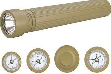 A tan flashlight with a silver reflector and three compasses on a white background in studio shot